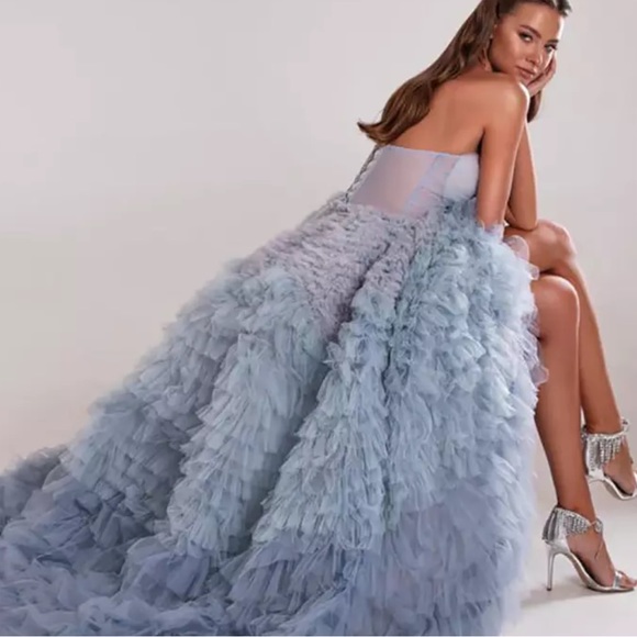 Balayage Sky Ballerina Tulle Long Dress, Exceptional Blue Tiered Gown - Picture 2 of 5